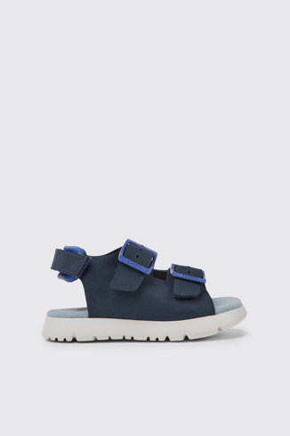 Side view of Oruga Blue leather sandals for kids