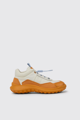 Side view of CRCLR White and orange sneakers for kids