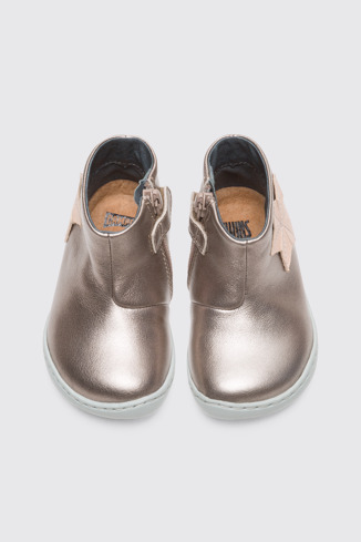 Overhead view of Twins Beige metallic zip ankle boot for girls
