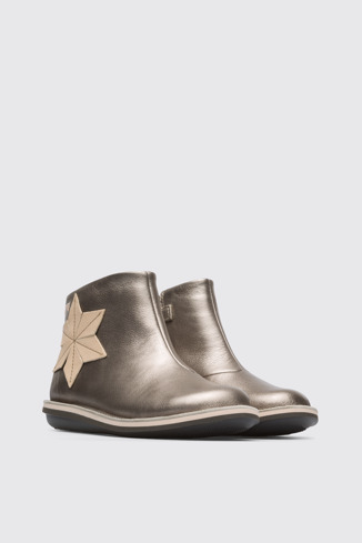 Front view of Twins Beige metallic TWIN zip boot for girls