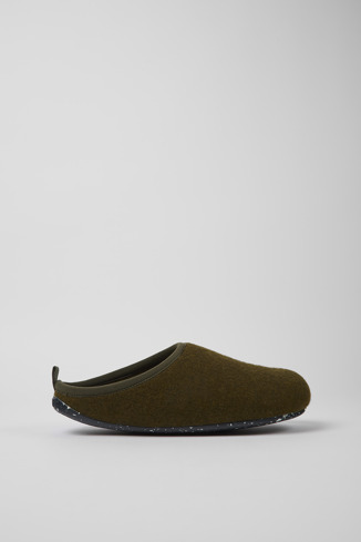 Side view of Wabi Dark green wool men's slipper