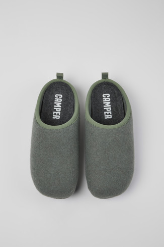 Overhead view of Wabi Green wool slippers for men
