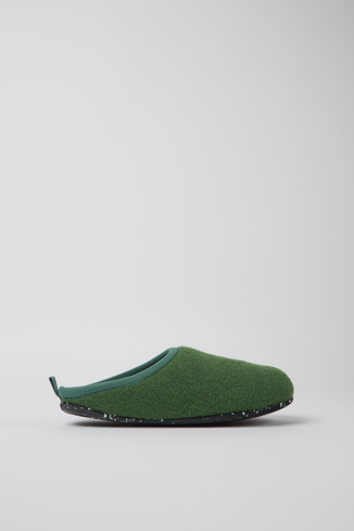 Side view of Wabi Green wool slippers for women