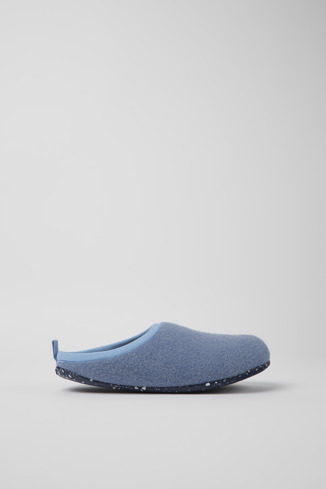 Side view of Wabi Blue wool slippers for women
