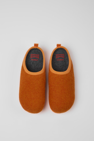 Overhead view of Wabi Orange wool and viscose slippers for women