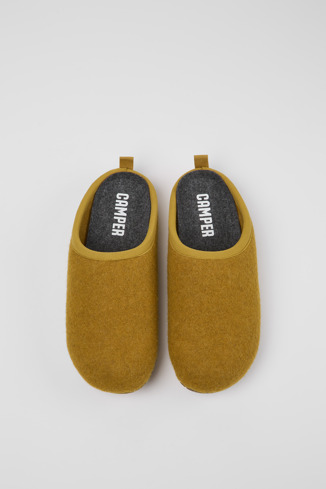 Overhead view of Wabi Yellow-brown wool slippers for women