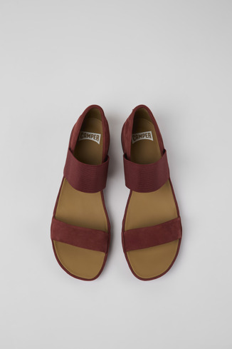 Overhead view of Right Burgundy nubuck sandals for women