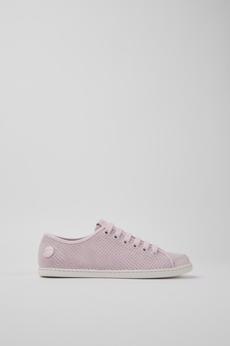 Side view of Uno Pink nubuck and leather sneakers for women
