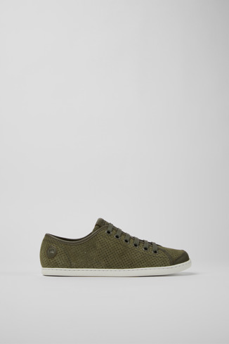 Side view of Uno Green nubuck and leather sneakers for women