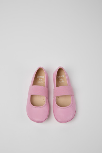 Overhead view of Right Pink leather ballerinas for girls