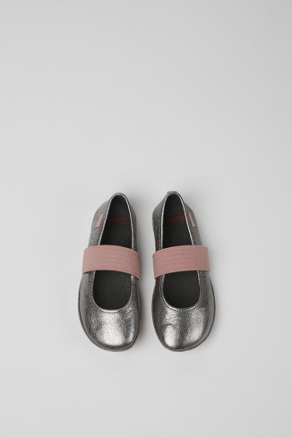 Overhead view of Right Silver and pink leather ballerinas