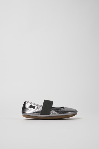 Side view of Right Metallic grey leather ballerinas for kids