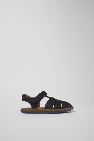Side view of Bicho Dark blue leather sandals for kids