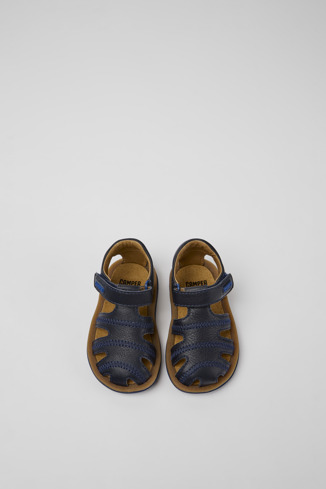 Overhead view of Bicho Blue leather sandals for kids