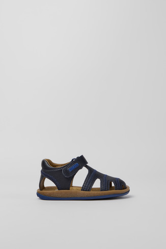 Side view of Bicho Blue leather sandals for kids