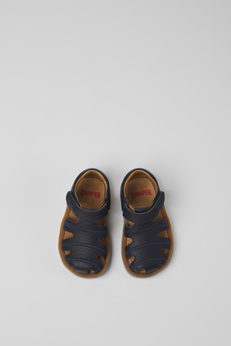 Overhead view of Bicho Navy blue leather sandals for kids