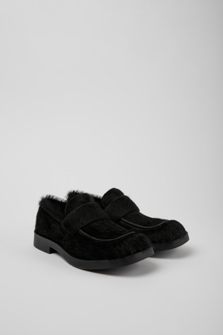 Front view of MIL 1978 Black long calf hair leather loafers