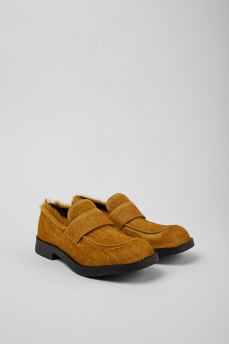 Front view of MIL 1978 Dark yellow long calf hair leather loafers