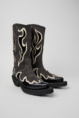 Front view of Venga Black and Gray Leather and Nubuck Boots