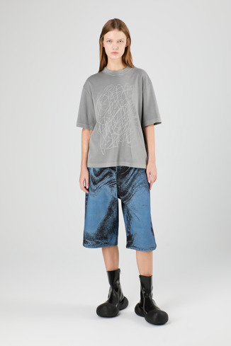 AU00007-006 - Denim Shorts - Dark Blue-Black Distorted Print Denim Shorts