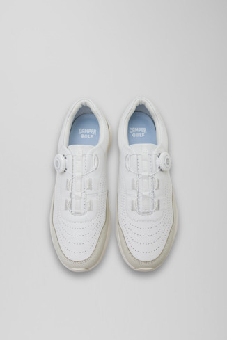 Overhead view of Looper White and light gray leather golf sneakers