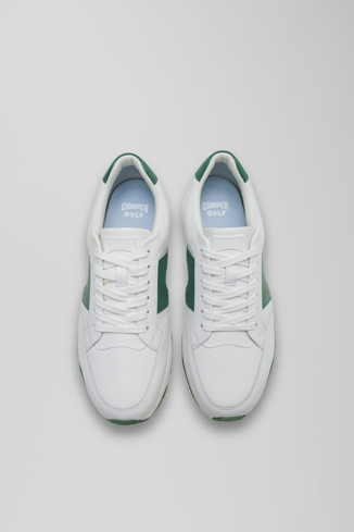 Overhead view of Spackler White and green leather golf sneakers