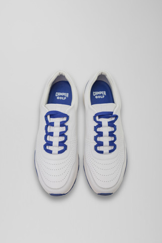 Overhead view of Looper White and navy leather golf sneakers