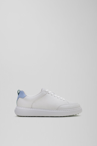 Side view of Birdie White and light blue leather golf sneakers