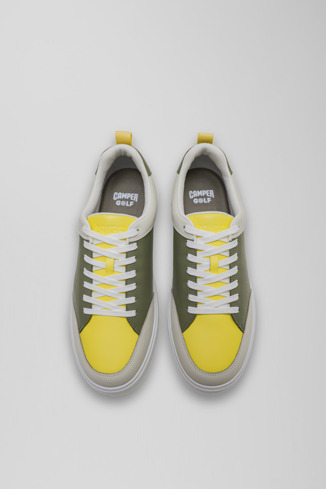Overhead view of Birdie Yellow and khaki leather golf sneakers