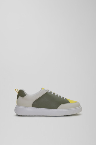 Side view of Birdie Yellow and khaki leather golf sneakers