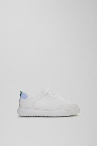 Side view of Birdie White and light blue leather golf sneakers