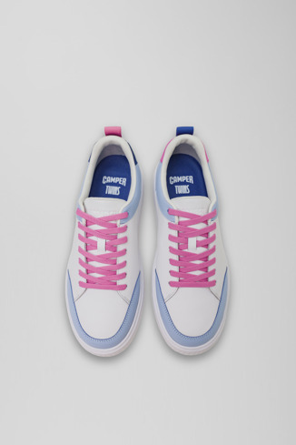 Overhead view of Birdie Pink and light blue leather golf sneakers