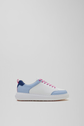 Side view of Birdie Pink and light blue leather golf sneakers