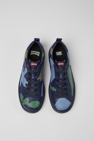 Overhead view of Twins Blue and green printed leather sneakers for men