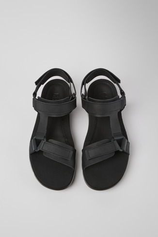 Overhead view of Oruga Black leather sandals for men