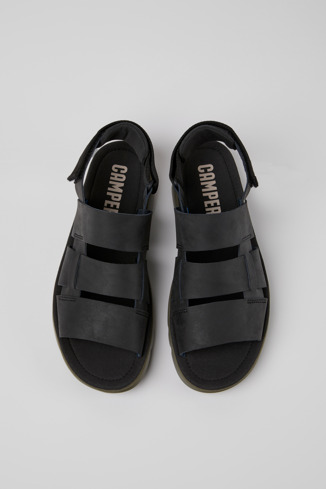 Overhead view of Oruga Black leather and textile sandals for men