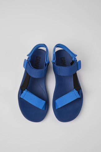 Overhead view of Match Blue and black recycled PET sandals for men