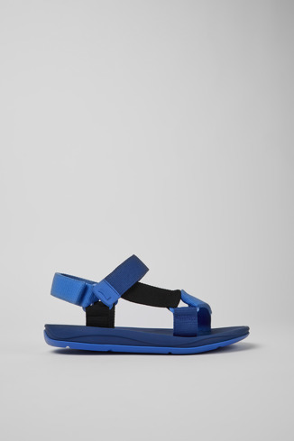 Side view of Match Blue and black recycled PET sandals for men