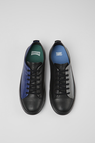 Overhead view of Twins Black, blue, and gray leather shoes for men