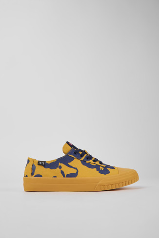 Side view of Camaleon Orange and blue recycled cotton sneakers for men