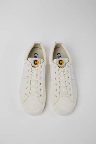 Overhead view of Imar White leather and recycled cotton sneakers for men