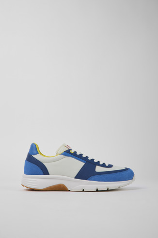 Side view of Drift Blue and white recycled polyester sneakers for men