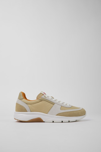 Side view of Drift Beige and white nubuck sneakers for men