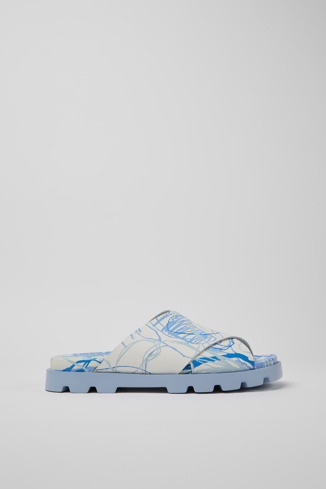 Side view of Brutus Sandal White and blue printed leather sandals for men