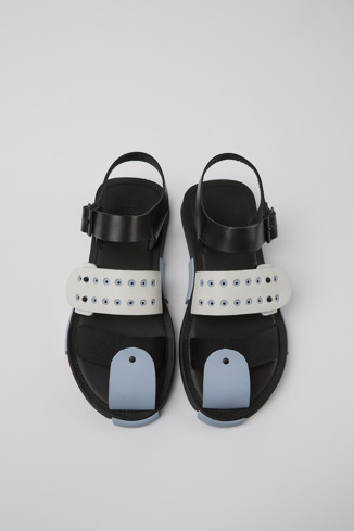 Overhead view of Set Black and white leather sandals for men