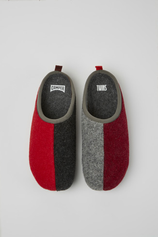 Overhead view of Twins Burgundy, red, and gray wool slippers for men