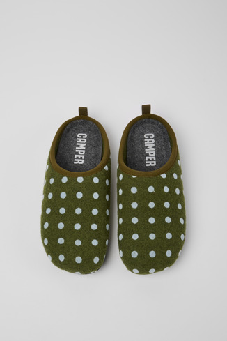 Overhead view of Wabi Green and blue wool men’s slippers