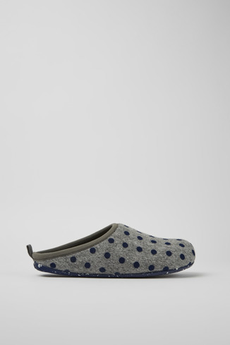 Side view of Wabi Gray and blue wool slippers for men
