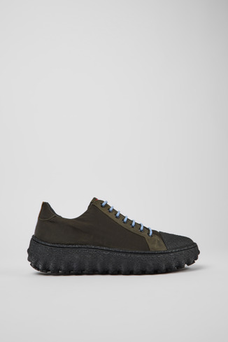Side view of Ground Green textile and nubuck shoes for men