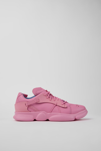 Side view of Karst Pink leather and textile sneakers for men